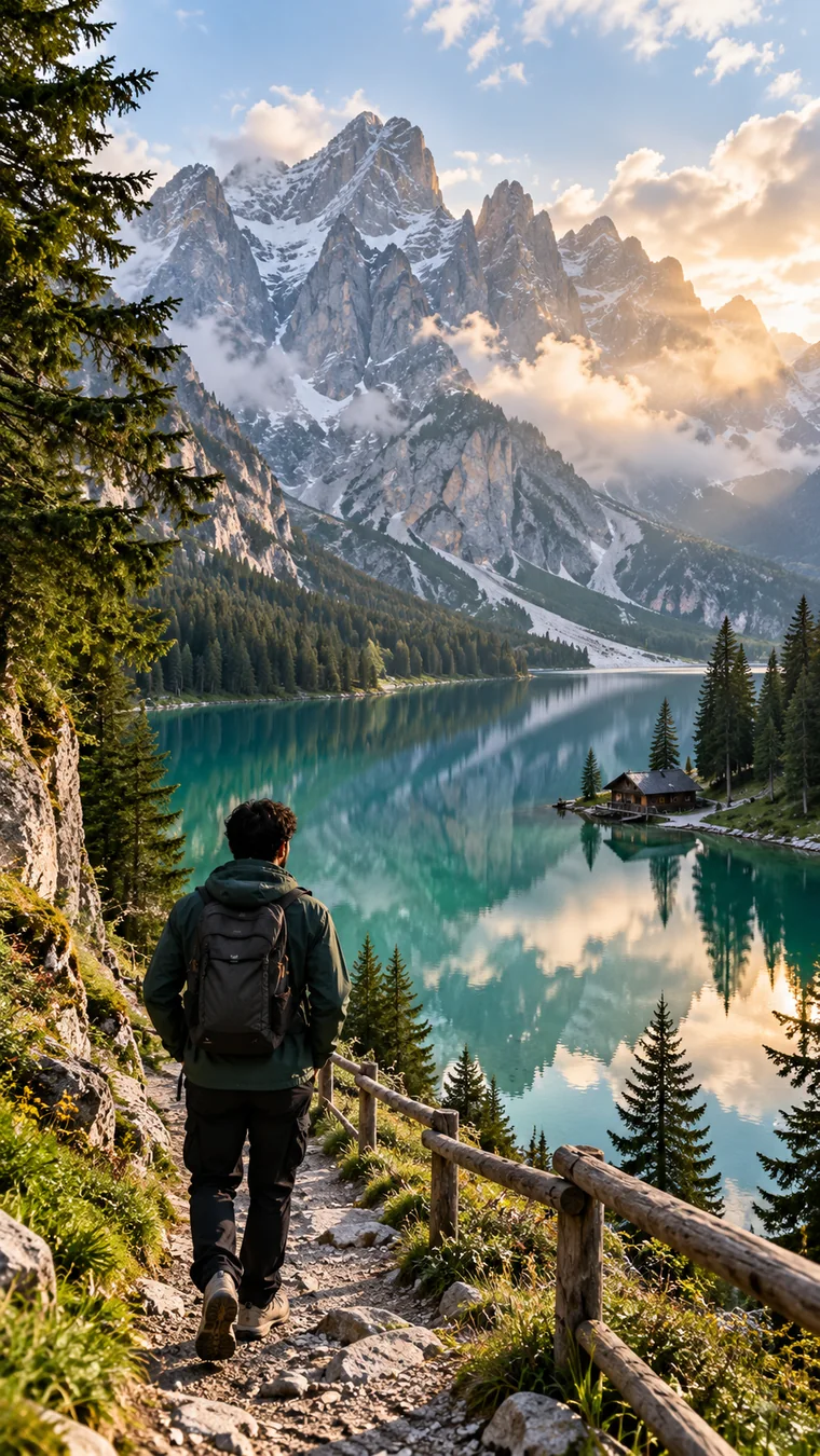 Traveller walking a mountain trail beside a calm alpine lake