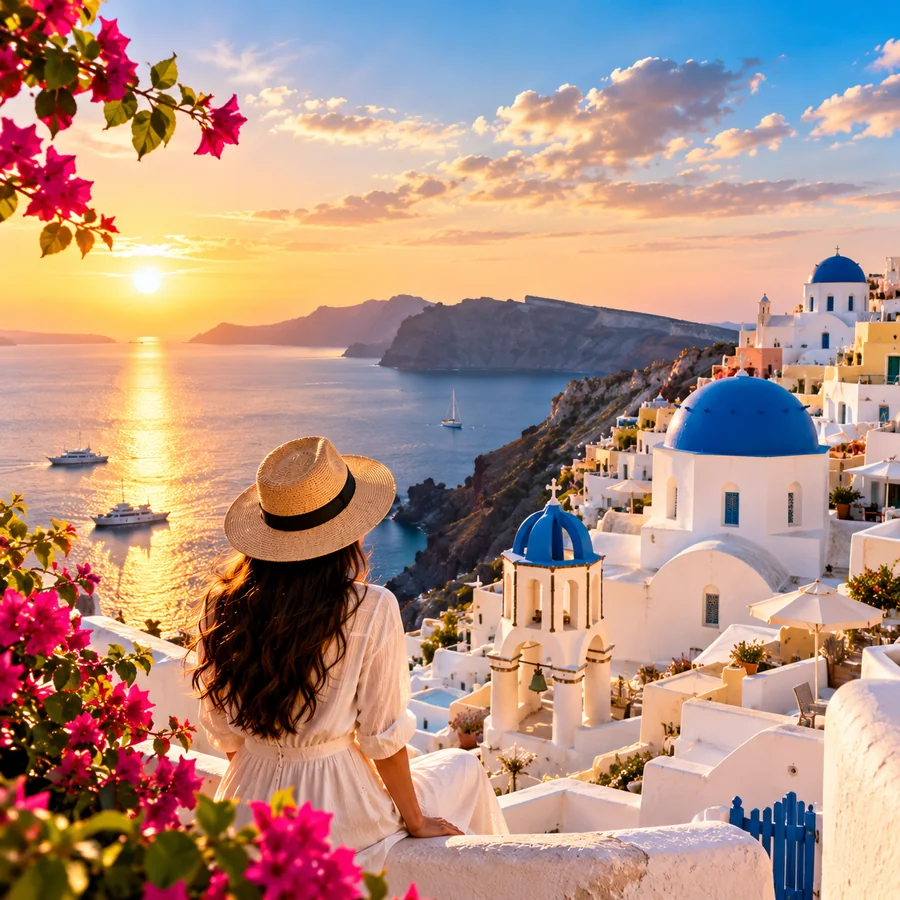 Traveller overlooking a whitewashed seaside town at sunset