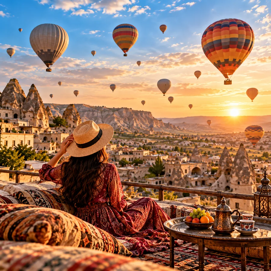 Traveller on a terrace watching hot air balloons rise at sunrise
