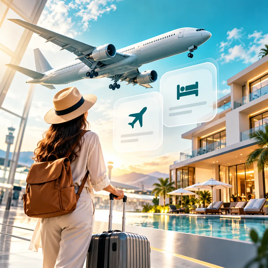 Traveller with luggage watching a plane fly over an airport and hotel resort