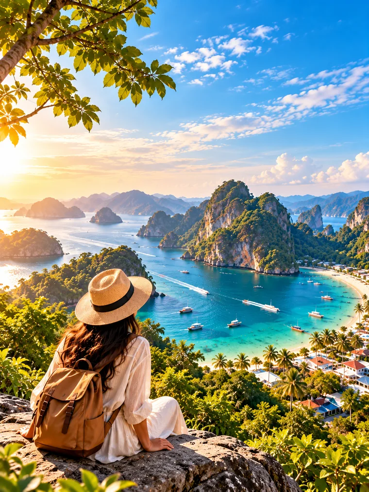 Traveller with a backpack looking over a tropical bay at sunrise