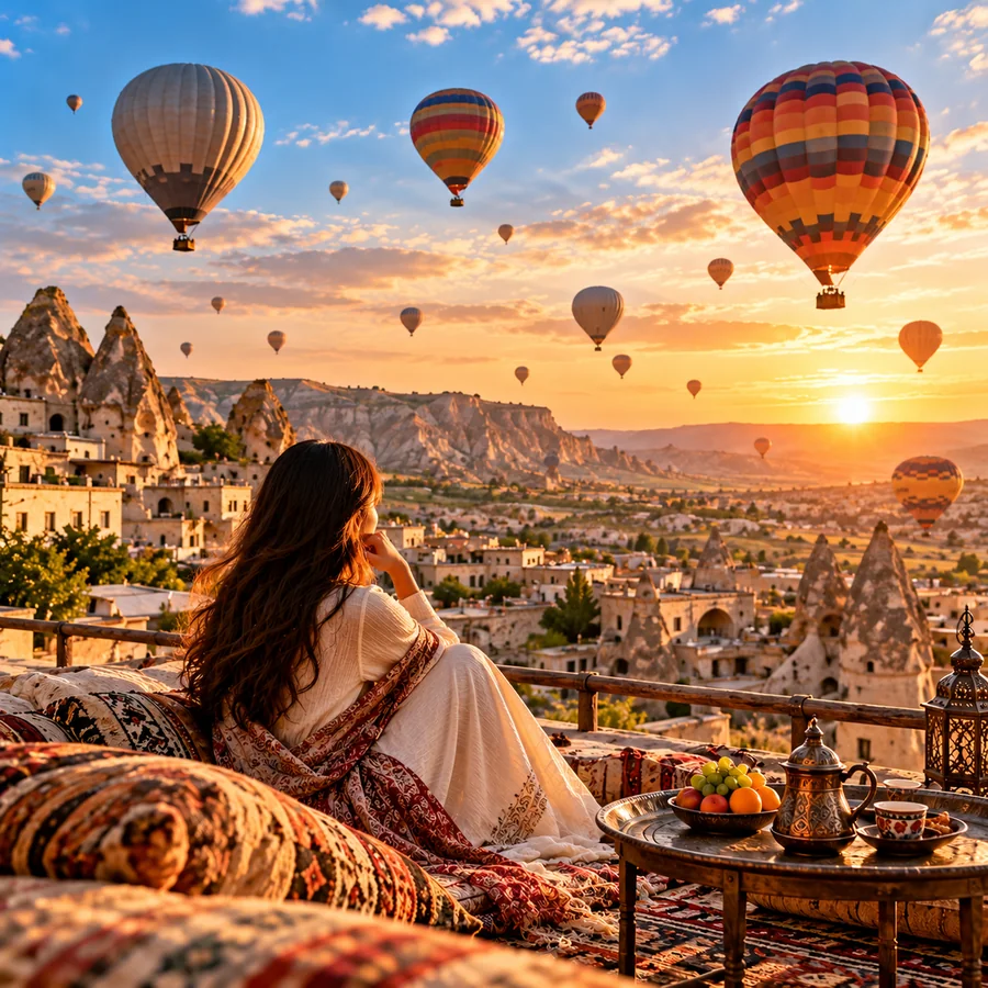 Traveller on a terrace watching hot air balloons rise at sunrise