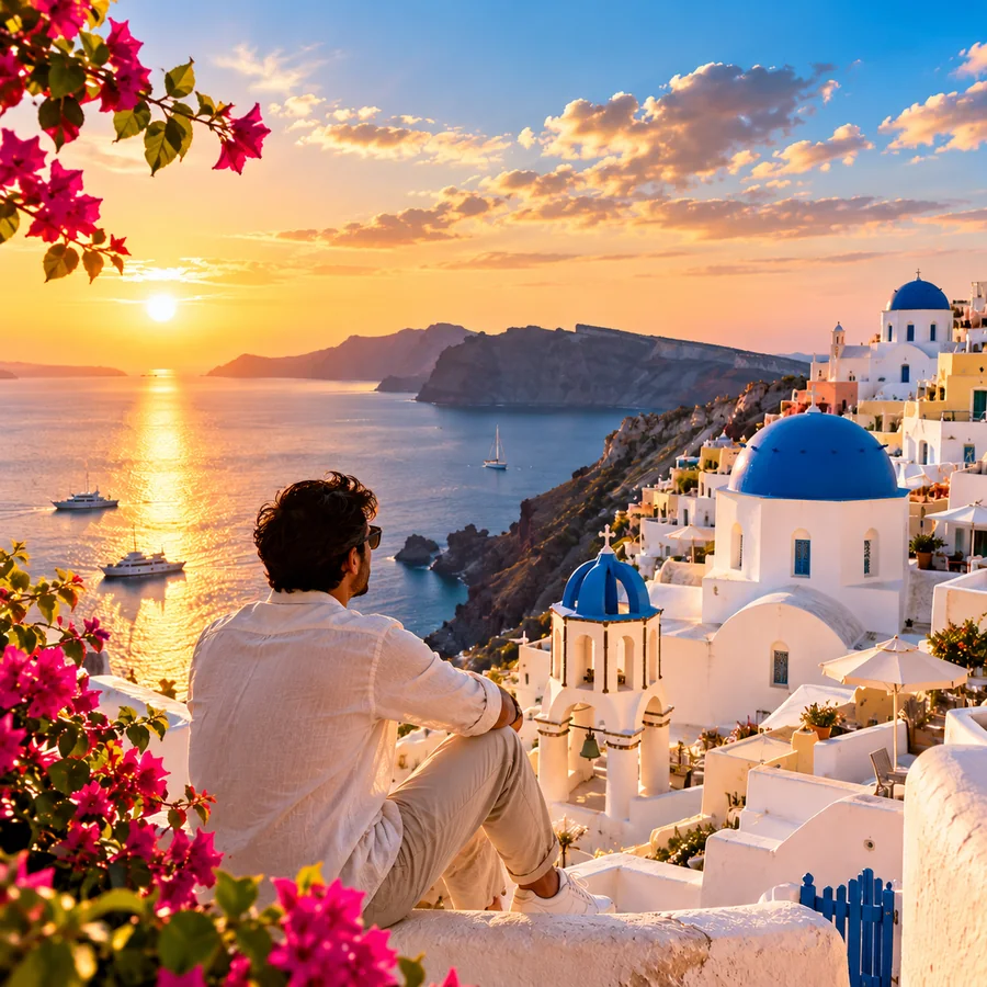 Traveller overlooking a whitewashed seaside town at sunset