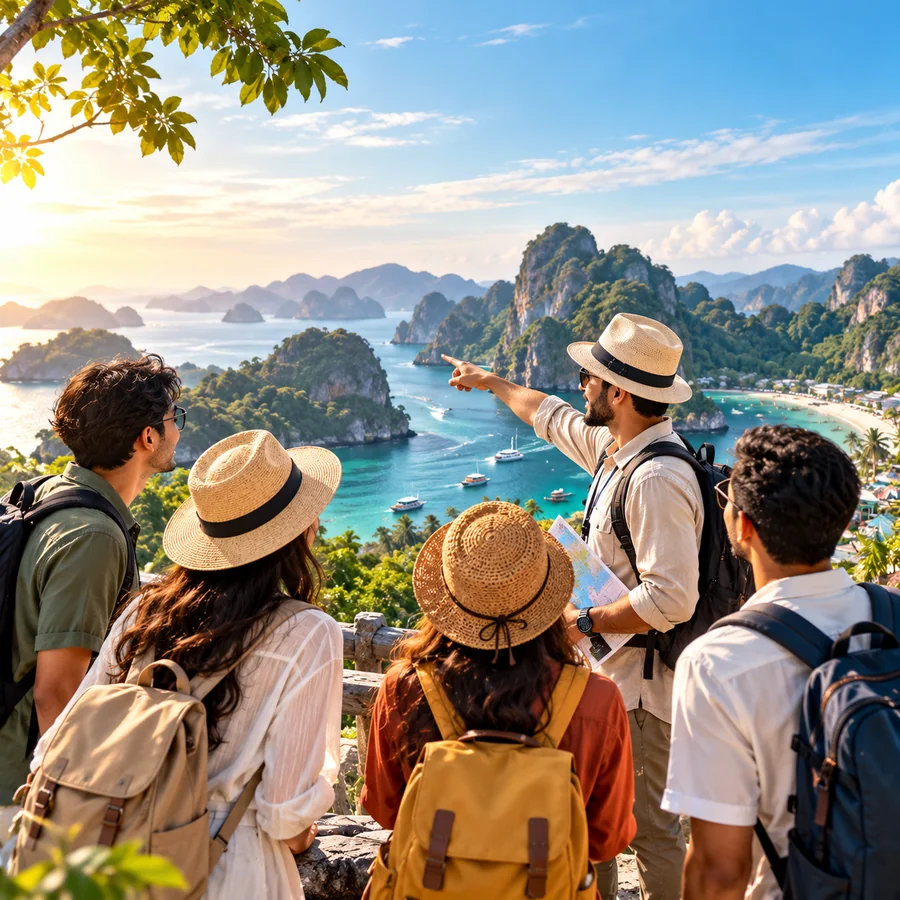 Travellers looking out over a tropical bay on a group holiday
