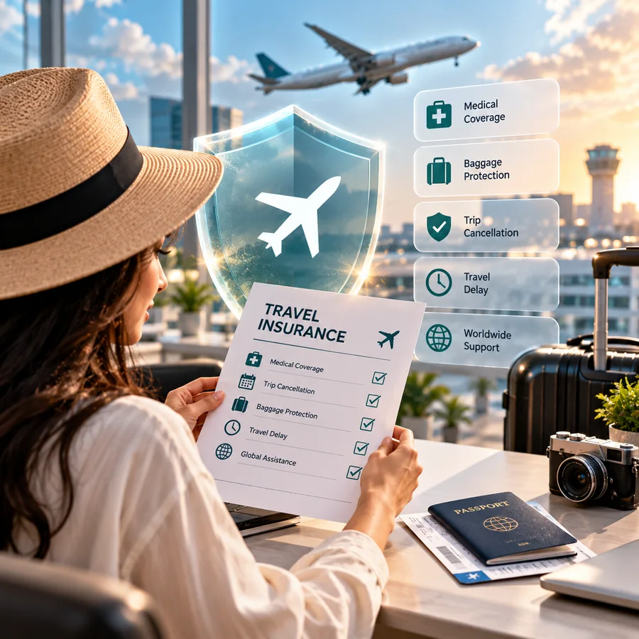 Traveller reviewing a travel insurance checklist beside a passport and luggage