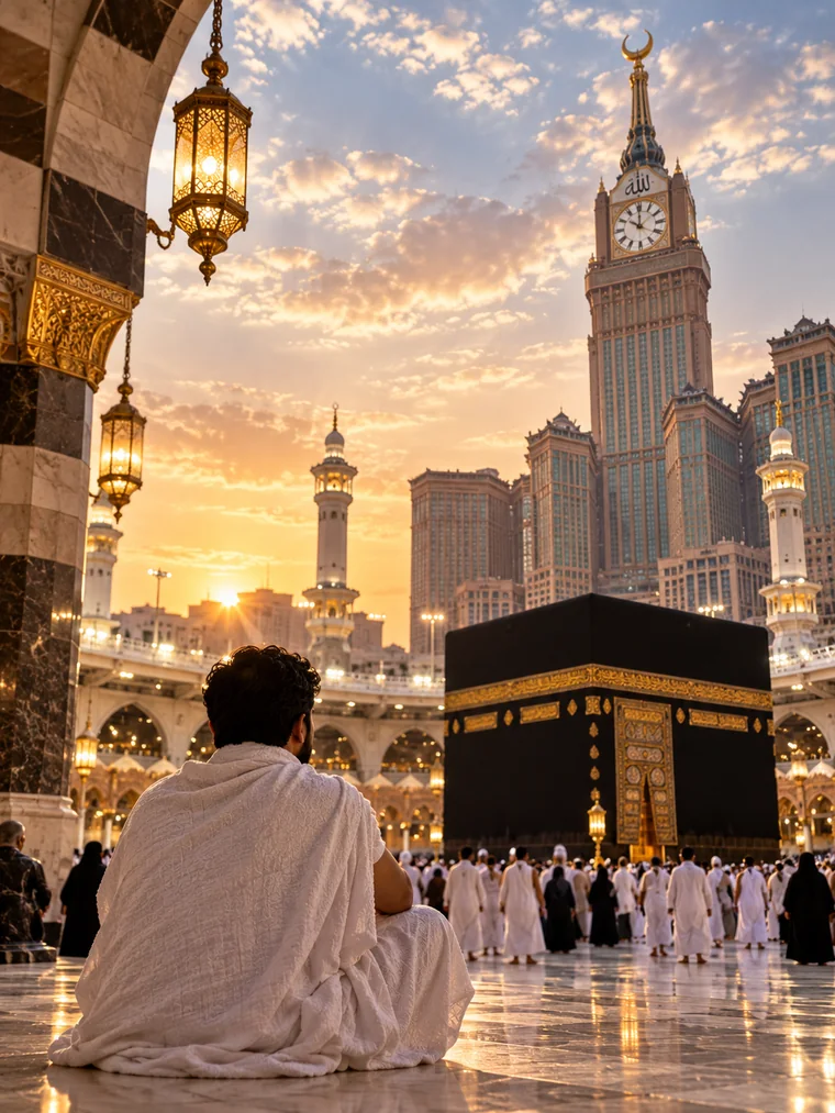 Traveller sitting before the Kaaba in Makkah at sunset