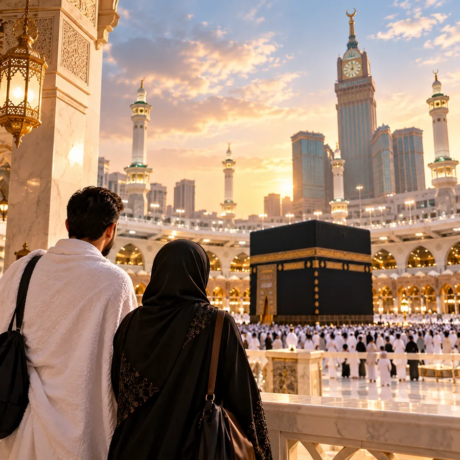 Couple in ihram and abaya looking towards the Kaaba in Makkah