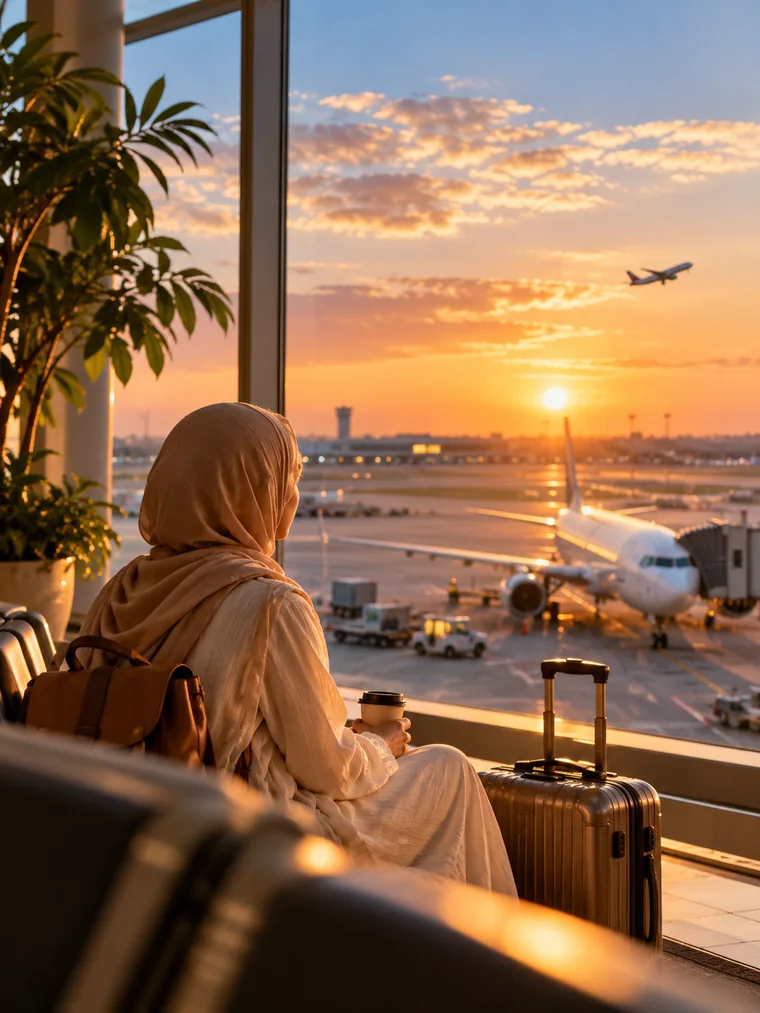 Traveller waiting at an airport window as a plane takes off at sunset